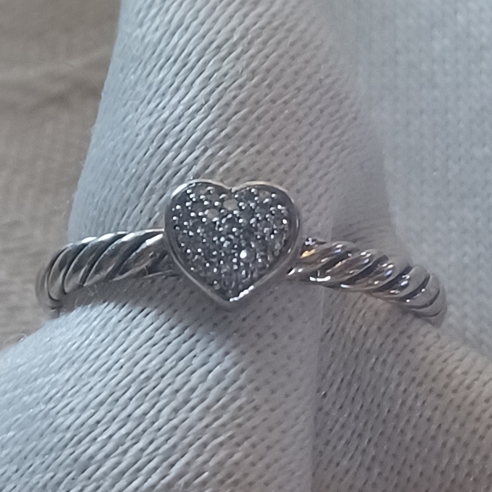 David Yurman Cable Collectibles Diamond Heart Stack Ring, SS, Size 7
